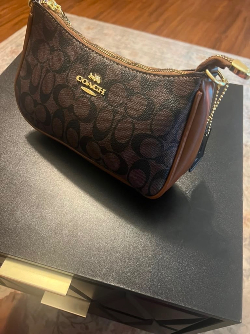 Coach Brown Signature Monogram Mini Shoulder Bag with Gold Hardware
